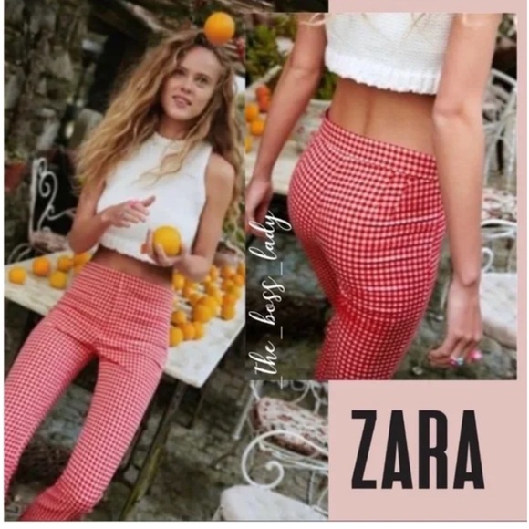 Zara Pink White Gingham Checkered High waist Flare Pant Trouser in Medium - Picture 2 of 7